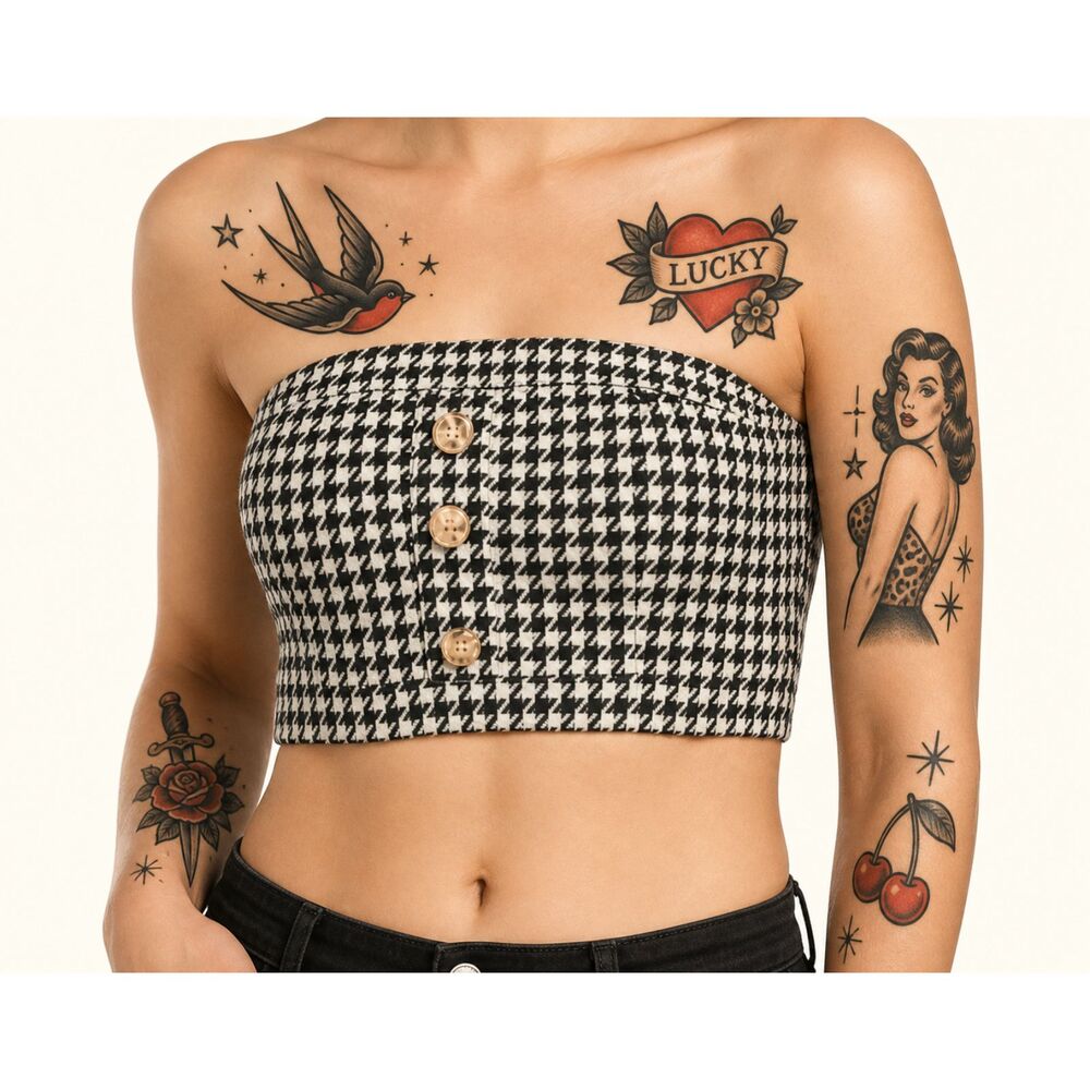 NWT Walter Baker Crop Tube Top Womens LgeStrapless Gabby Houndstooth Rockabilly